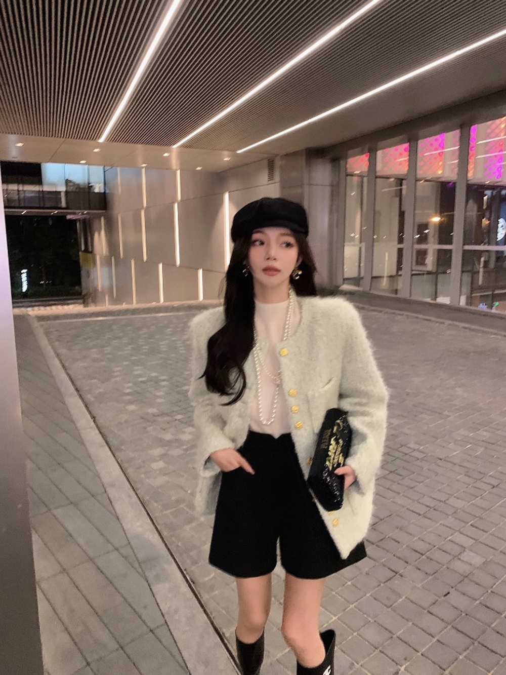 Fluffy Wool-Blend Gold Button Jacket